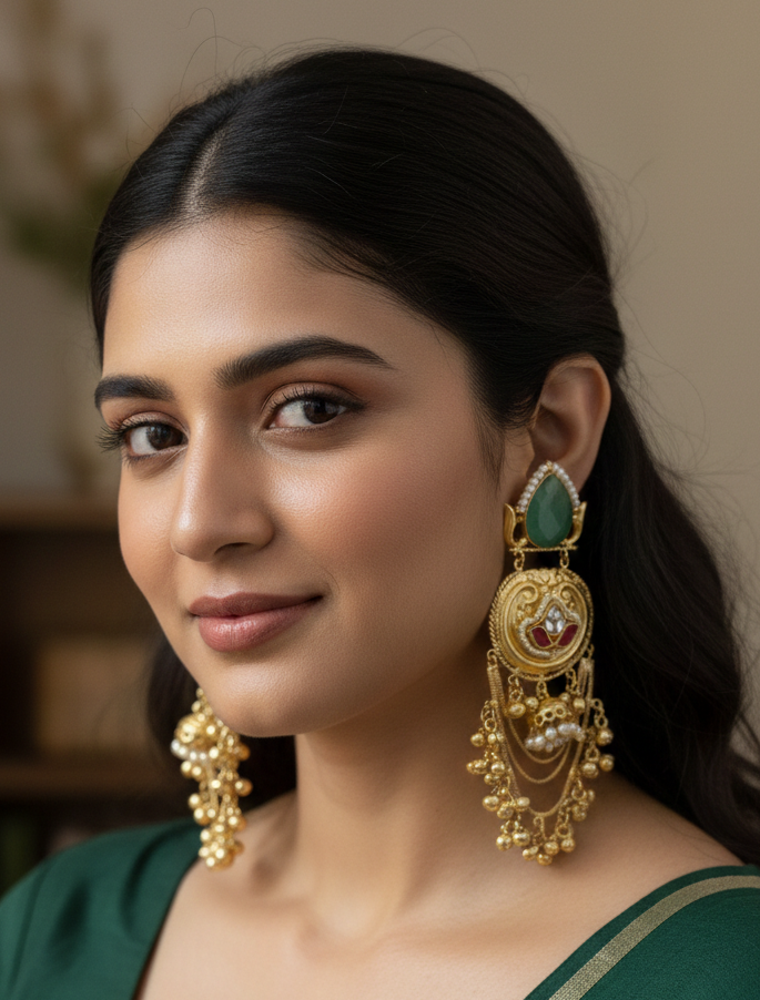 Gold-Plated Kashmiri Chandbali Earrings with  Onyx & Red Lotus Kundan Work