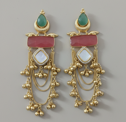 Kashmiri Multi-Stone Tiered Long Drop Earrings