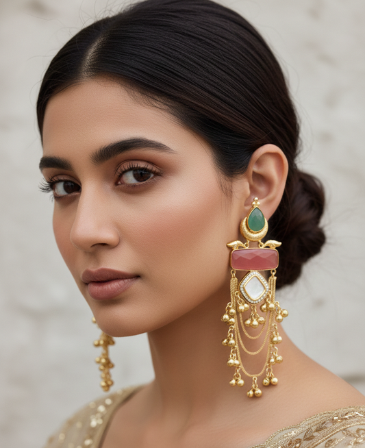 Kashmiri Multi-Stone Tiered Long Drop Earrings
