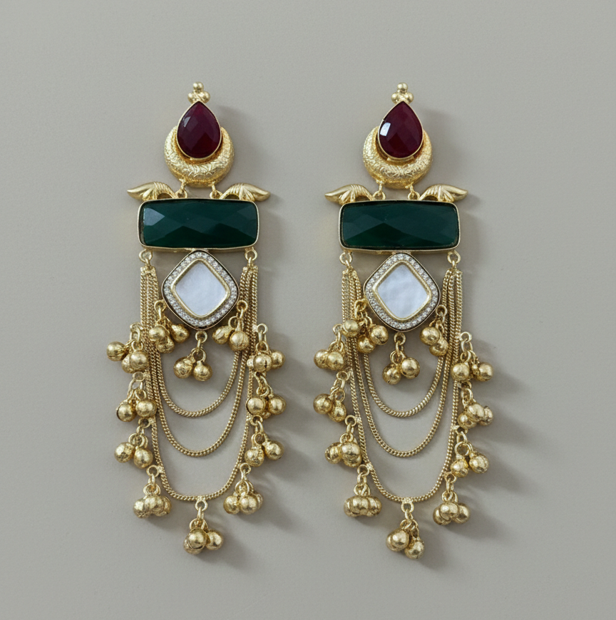 Kashmiri Multi-Stone Tiered Long Drop Earrings