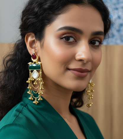 Kashmiri Multi-Stone Tiered Long Drop Earrings