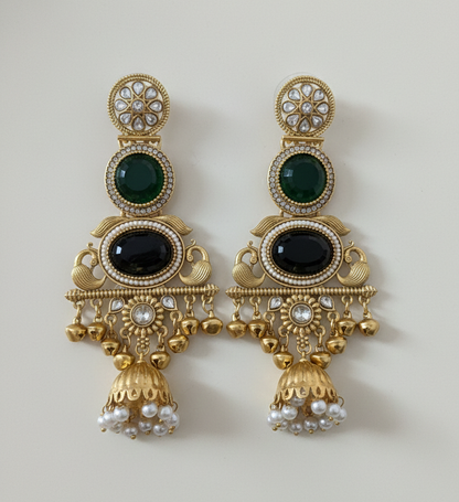 Royal Kashmiri Peacock Jhumka Earrings – Antique Gold Finish with Kundan & Stone Accents