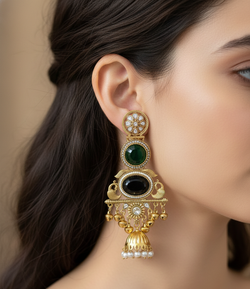 Royal Kashmiri Peacock Jhumka Earrings – Antique Gold Finish with Kundan & Stone Accents