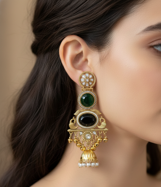 Royal Kashmiri Peacock Jhumka Earrings – Antique Gold Finish with Kundan & Stone Accents