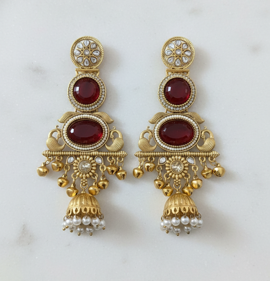 Royal Kashmiri Peacock Jhumka Earrings – Antique Gold Finish with Kundan & Stone Accents