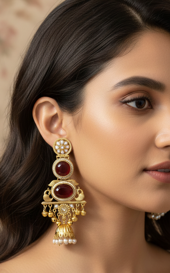 Royal Kashmiri Peacock Jhumka Earrings – Antique Gold Finish with Kundan & Stone Accents