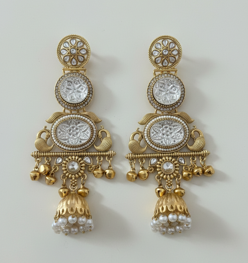 Royal Kashmiri Peacock Jhumka Earrings – Antique Gold Finish with Kundan & Stone Accents