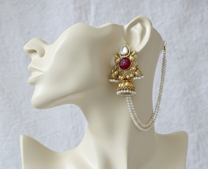 Heritage Ruby Red Kashmiri Jhumka Earrings with Pearl Sahara Chains – Antique Gold Peacock Design