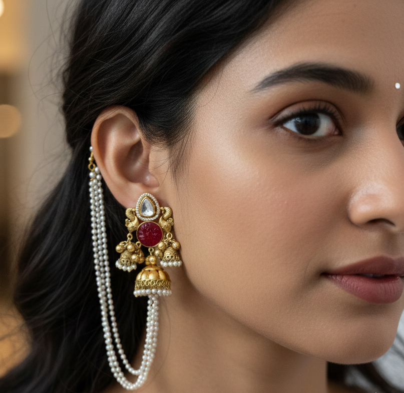 Heritage Ruby Red Kashmiri Jhumka Earrings with Pearl Sahara Chains – Antique Gold Peacock Design