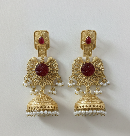 Royal Heritage Kashmiri Jhumka Earrings with Pearl Sahara Chains – Antique Gold & Ruby Red
