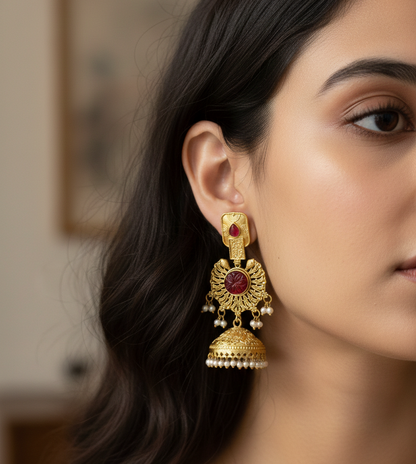 Royal Heritage Kashmiri Jhumka Earrings with Pearl Sahara Chains – Antique Gold & Ruby Red