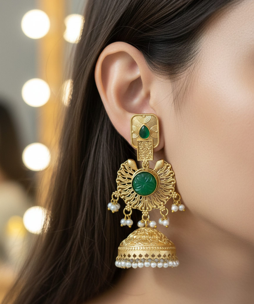 Royal Heritage Kashmiri Jhumka Earrings with Pearl Sahara Chains – Antique Gold & Ruby Red