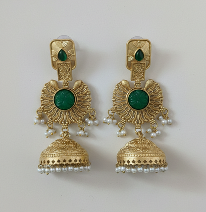 Royal Heritage Kashmiri Jhumka Earrings with Pearl Sahara Chains – Antique Gold & Ruby Red