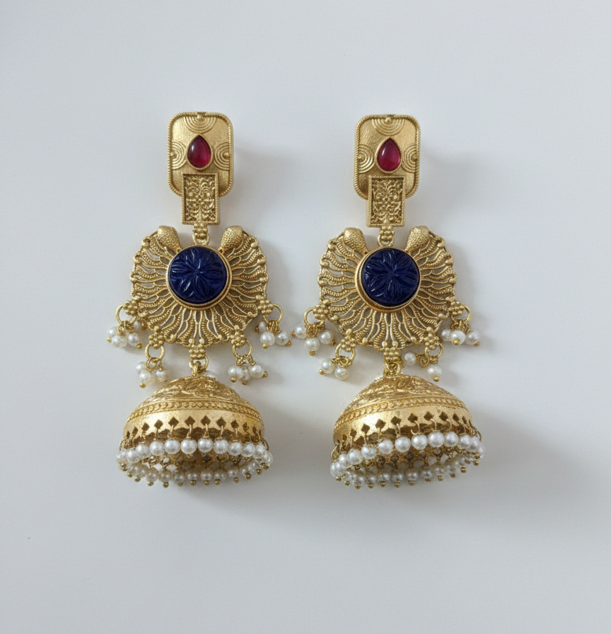 Royal Heritage Kashmiri Jhumka Earrings with Pearl Sahara Chains – Antique Gold & Ruby Red