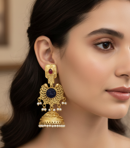 Royal Heritage Kashmiri Jhumka Earrings with Pearl Sahara Chains – Antique Gold & Ruby Red