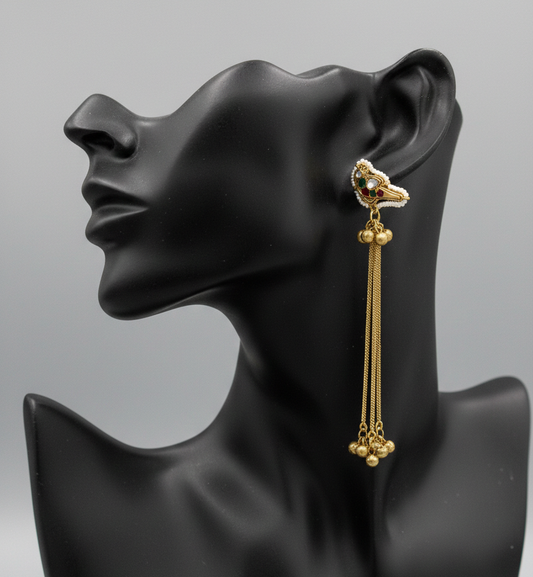 Handcrafted Kashmiri Bird Motif Long Tassel Earrings – Gold-Plated Kundan & Pearl Drop Earrings
