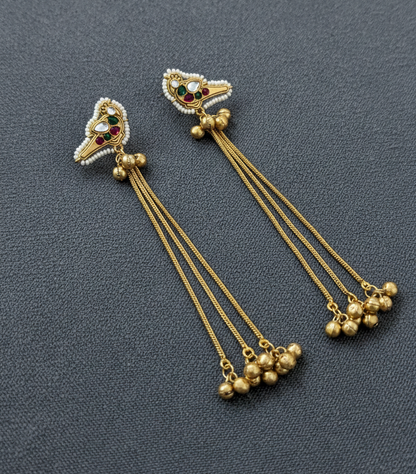 Handcrafted Kashmiri Bird Motif Long Tassel Earrings – Gold-Plated Kundan & Pearl Drop Earrings