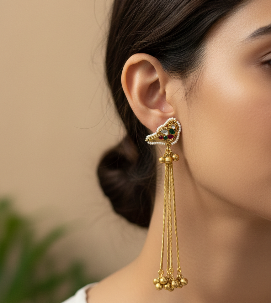 Handcrafted Kashmiri Bird Motif Long Tassel Earrings – Gold-Plated Kundan & Pearl Drop Earrings