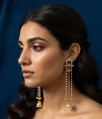 Traditional Kashmiri Dejhoor Jhumka Earrings – Long Pearl Chain & Stone Studded Gold-Plated Dangles