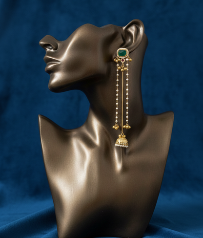 Traditional Kashmiri Dejhoor Jhumka Earrings – Long Pearl Chain & Stone Studded Gold-Plated Dangles