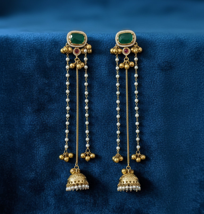 Traditional Kashmiri Dejhoor Jhumka Earrings – Long Pearl Chain & Stone Studded Gold-Plated Dangles
