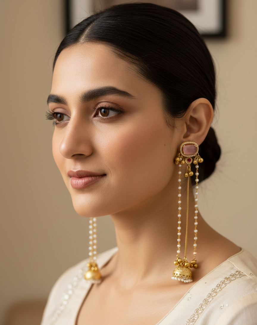Traditional Kashmiri Dejhoor Jhumka Earrings – Long Pearl Chain & Stone Studded Gold-Plated Dangles