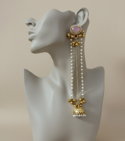 Traditional Kashmiri Dejhoor Jhumka Earrings – Long Pearl Chain & Stone Studded Gold-Plated Dangles