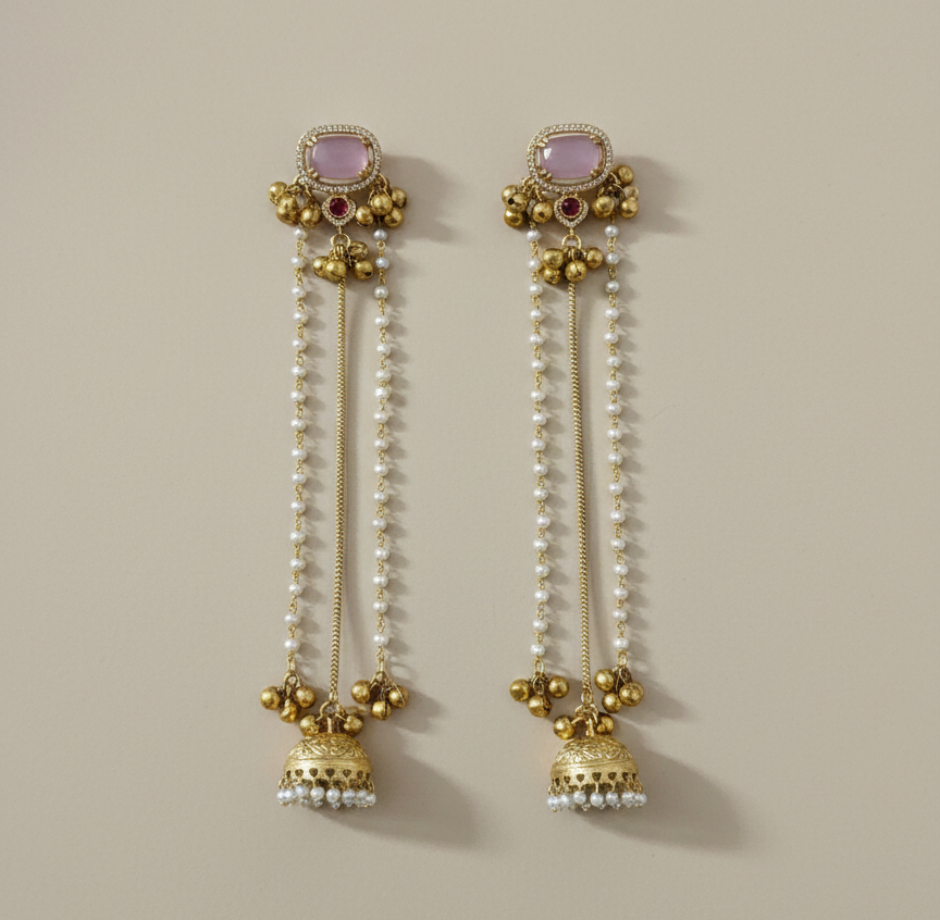 Traditional Kashmiri Dejhoor Jhumka Earrings – Long Pearl Chain & Stone Studded Gold-Plated Dangles