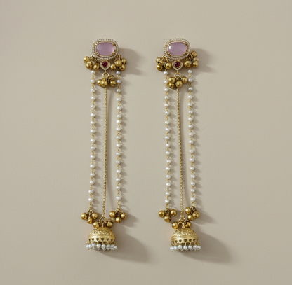 Traditional Kashmiri Dejhoor Jhumka Earrings – Long Pearl Chain & Stone Studded Gold-Plated Dangles