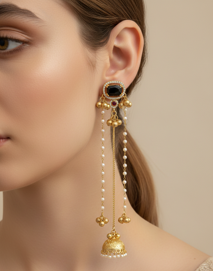 Traditional Kashmiri Dejhoor Jhumka Earrings – Long Pearl Chain & Stone Studded Gold-Plated Dangles