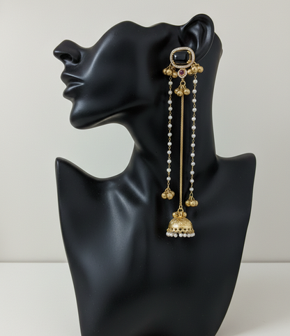 Traditional Kashmiri Dejhoor Jhumka Earrings – Long Pearl Chain & Stone Studded Gold-Plated Dangles