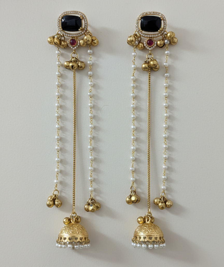 Traditional Kashmiri Dejhoor Jhumka Earrings – Long Pearl Chain & Stone Studded Gold-Plated Dangles