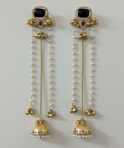 Traditional Kashmiri Dejhoor Jhumka Earrings – Long Pearl Chain & Stone Studded Gold-Plated Dangles