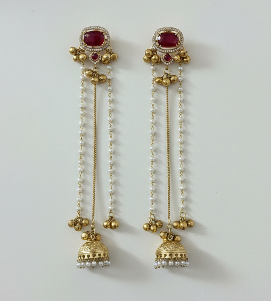Traditional Kashmiri Dejhoor Jhumka Earrings – Long Pearl Chain & Stone Studded Gold-Plated Dangles
