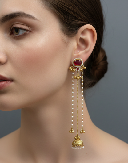 Traditional Kashmiri Dejhoor Jhumka Earrings – Long Pearl Chain & Stone Studded Gold-Plated Dangles