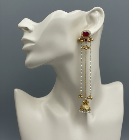 Traditional Kashmiri Dejhoor Jhumka Earrings – Long Pearl Chain & Stone Studded Gold-Plated Dangles