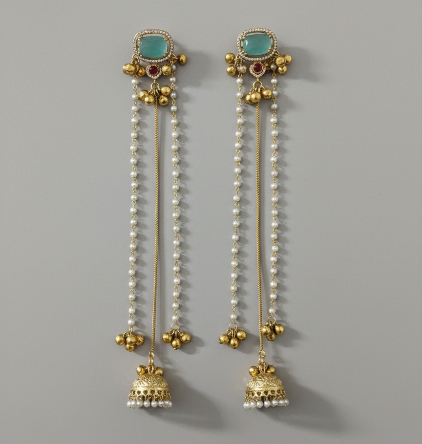 Traditional Kashmiri Dejhoor Jhumka Earrings – Long Pearl Chain & Stone Studded Gold-Plated Dangles