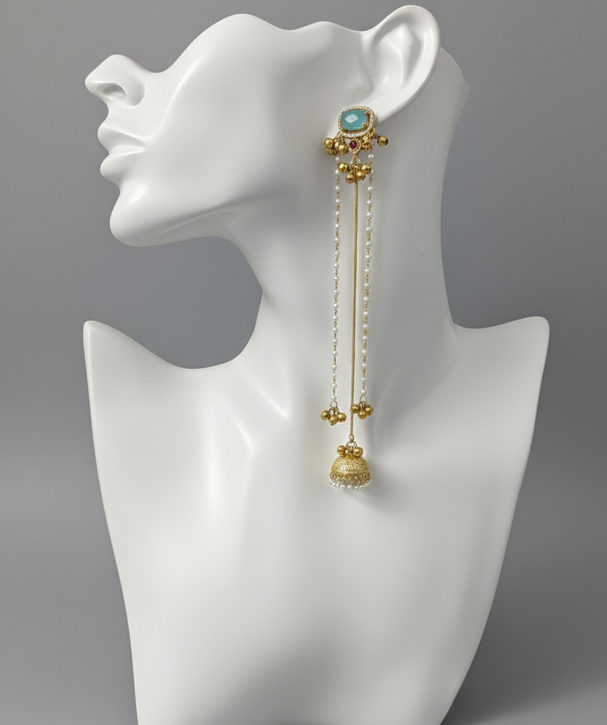 Traditional Kashmiri Dejhoor Jhumka Earrings – Long Pearl Chain & Stone Studded Gold-Plated Dangles