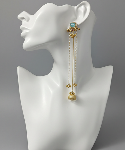 Traditional Kashmiri Dejhoor Jhumka Earrings – Long Pearl Chain & Stone Studded Gold-Plated Dangles