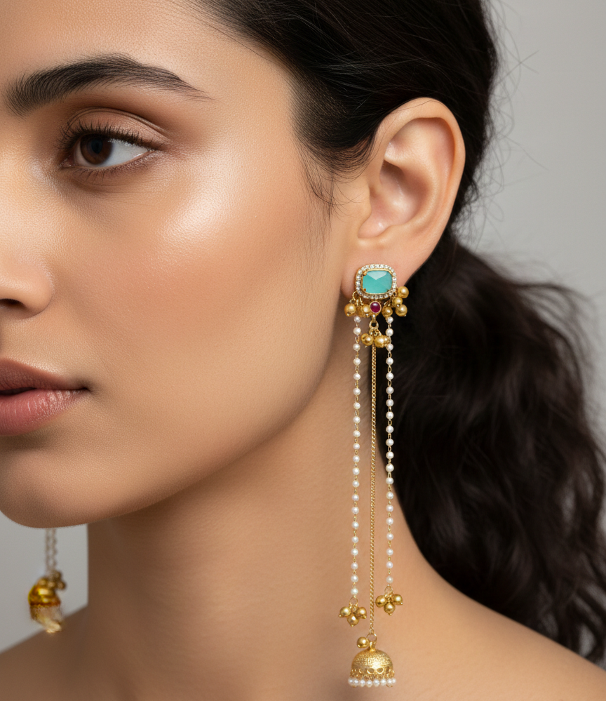 Traditional Kashmiri Dejhoor Jhumka Earrings – Long Pearl Chain & Stone Studded Gold-Plated Dangles