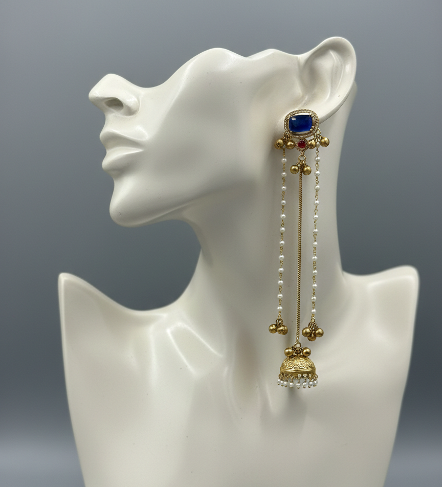 Traditional Kashmiri Dejhoor Jhumka Earrings – Long Pearl Chain & Stone Studded Gold-Plated Dangles