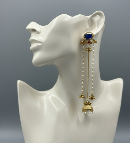 Traditional Kashmiri Dejhoor Jhumka Earrings – Long Pearl Chain & Stone Studded Gold-Plated Dangles