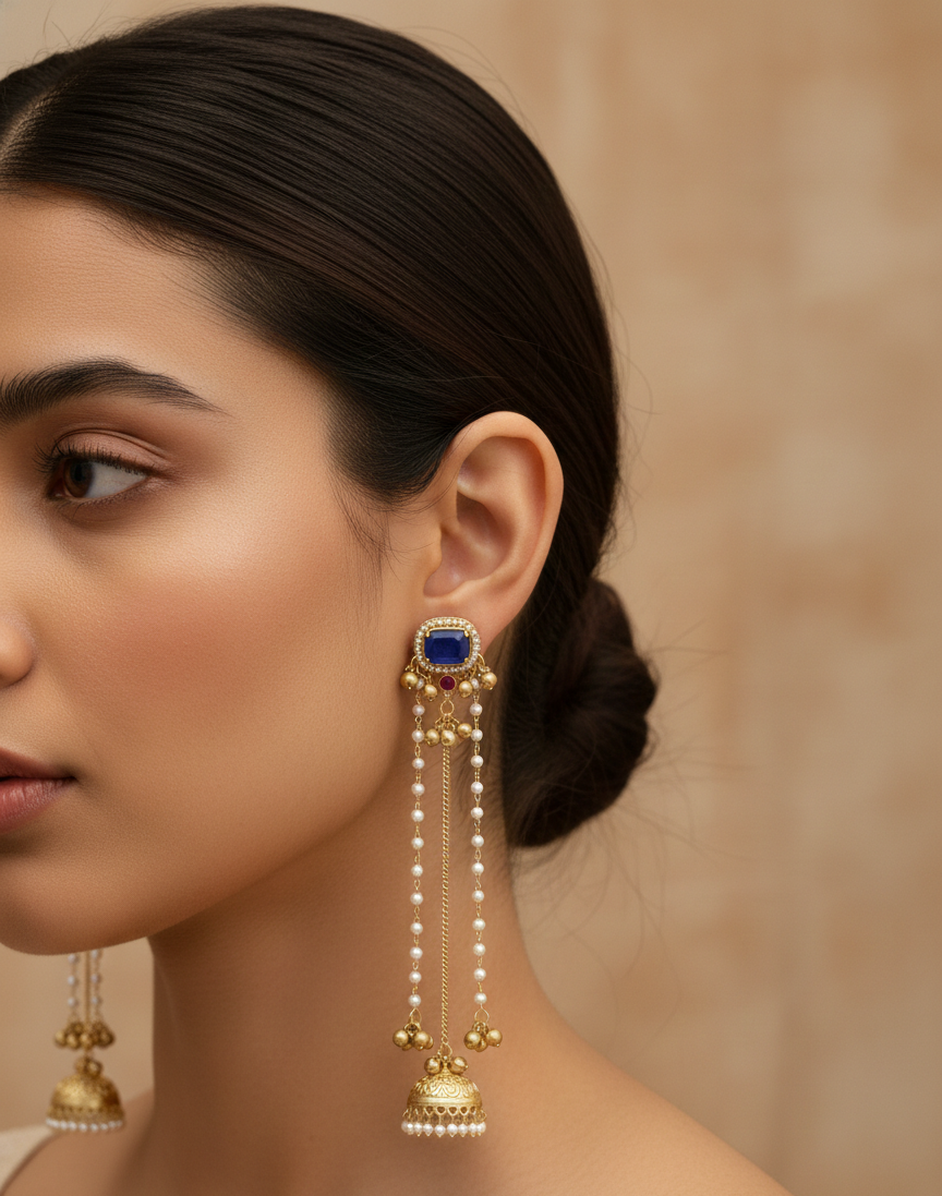 Traditional Kashmiri Dejhoor Jhumka Earrings – Long Pearl Chain & Stone Studded Gold-Plated Dangles