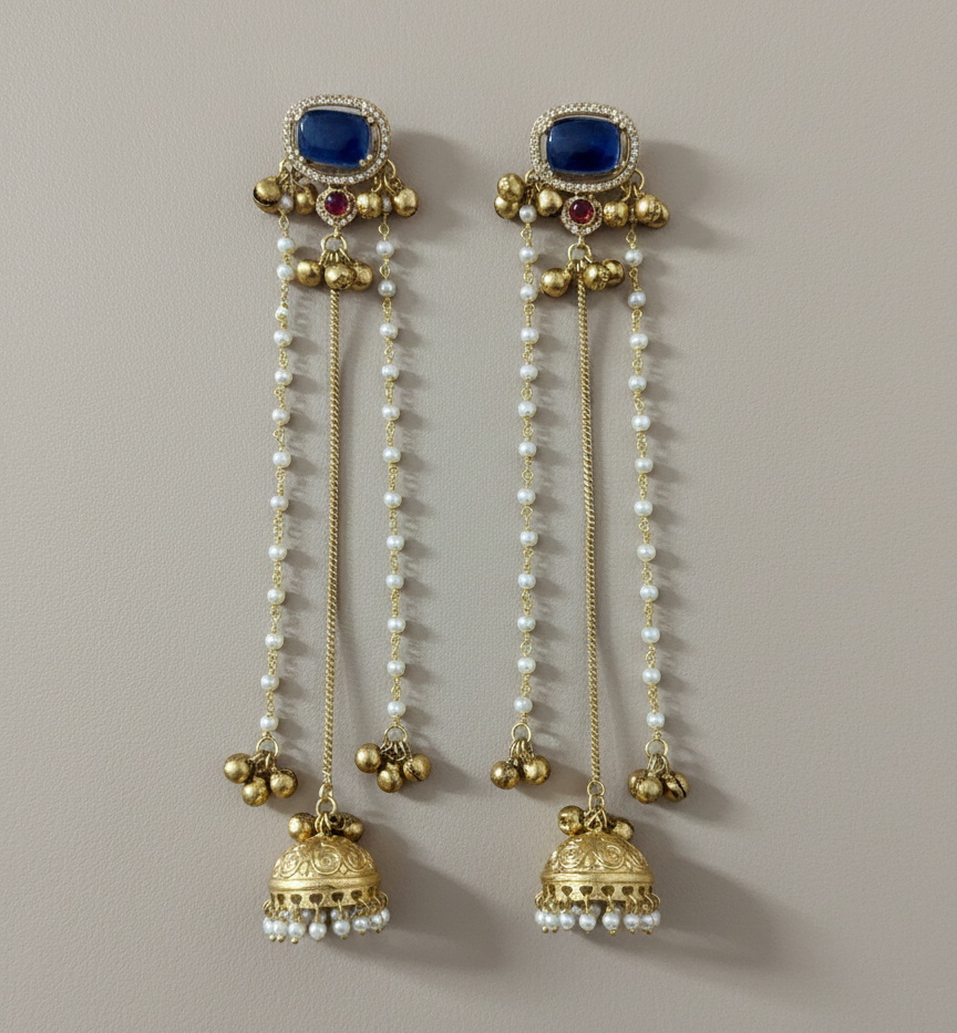 Traditional Kashmiri Dejhoor Jhumka Earrings – Long Pearl Chain & Stone Studded Gold-Plated Dangles