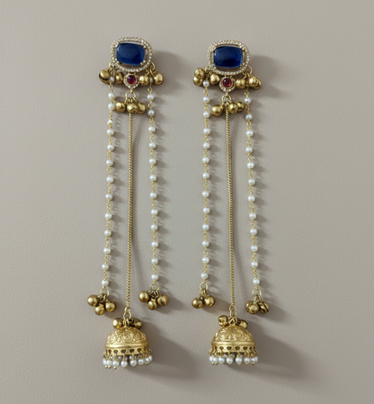 Traditional Kashmiri Dejhoor Jhumka Earrings – Long Pearl Chain & Stone Studded Gold-Plated Dangles