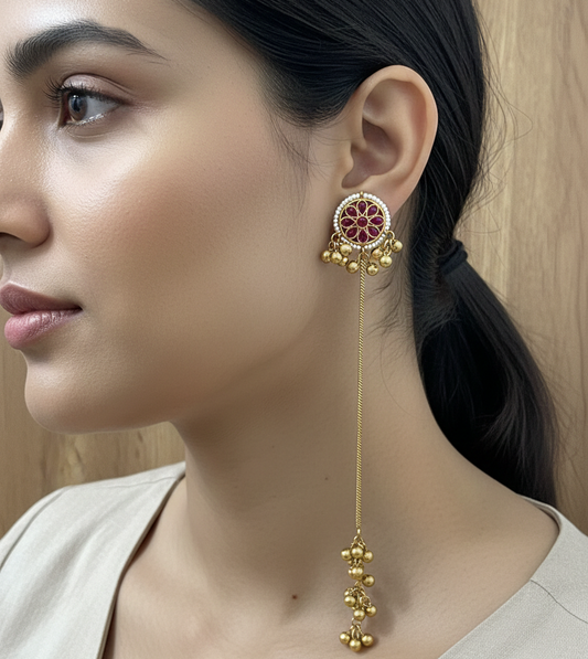 Floral Mandala Kashmiri Dejhoor Earrings – Sleek Long Chain with Golden Bead Clusters