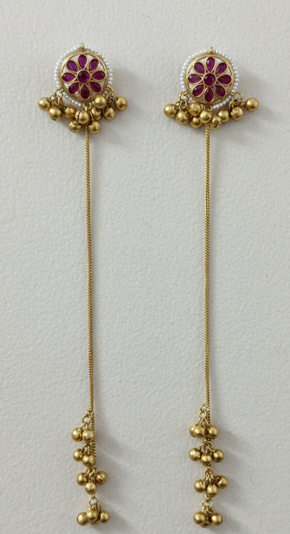 Floral Mandala Kashmiri Dejhoor Earrings – Sleek Long Chain with Golden Bead Clusters