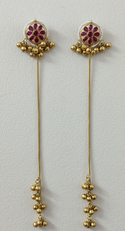 Floral Mandala Kashmiri Dejhoor Earrings – Sleek Long Chain with Golden Bead Clusters