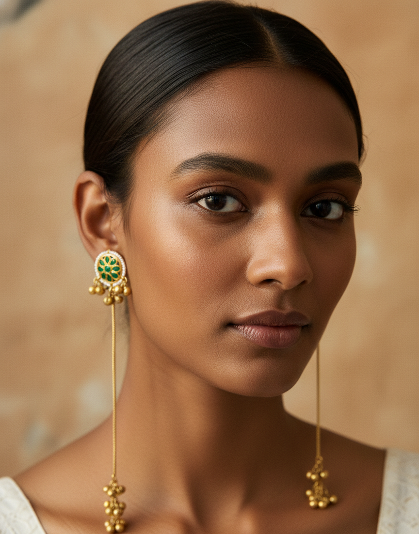 Floral Mandala Kashmiri Dejhoor Earrings – Sleek Long Chain with Golden Bead Clusters