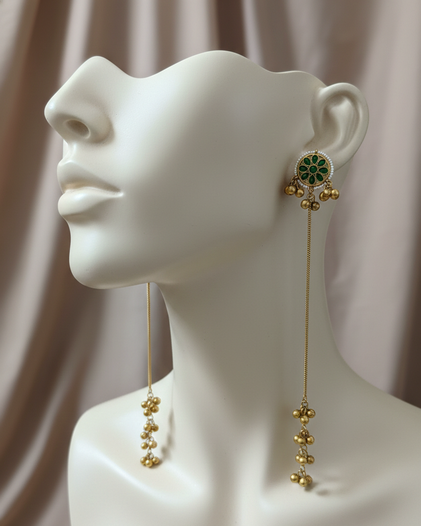 Floral Mandala Kashmiri Dejhoor Earrings – Sleek Long Chain with Golden Bead Clusters